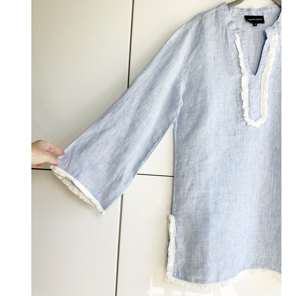 French Curve 100% Linen Beach Coverup Blue with White Trim Size XS V Neck - Picture 2 of 7